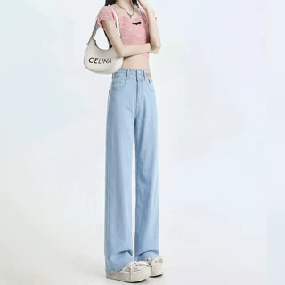直筒牛仔裤女2026新款夏季薄款浅蓝色高腰小个子窄版冰丝阔腿裤子
