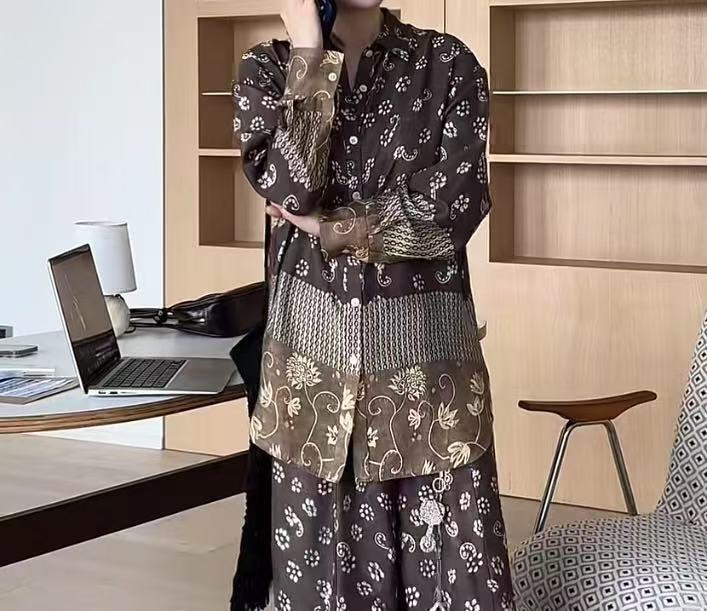 法式小众25早秋新品复古波西米亚风撞色印花宽松翻领长款百搭衬衫|undefined