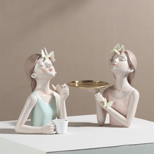 Creative entrance living room desktop dresser storage decoration ornaments Looking up girl tray resin crafts