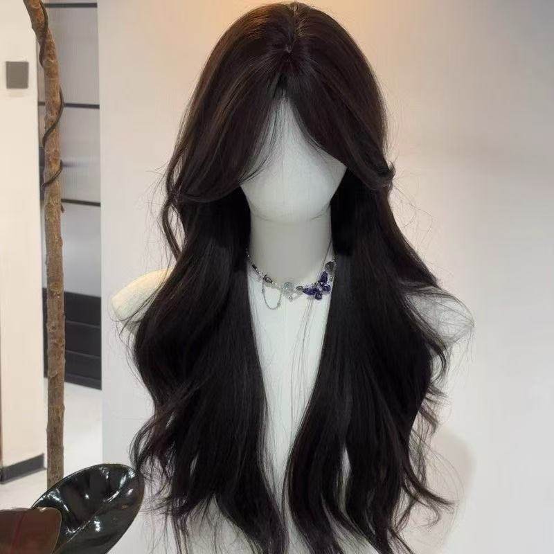 Women's middle-parted wavy bangs black long curly wig, full head cover, European and American cross-border foreign trade, large wavy hair wholesale Women's middle-parted wavy bangs black long curly wig, full head cover, European and American cross-border foreign trade, large wavy hair wholesale