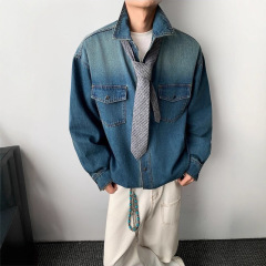 美式潮牌工装长袖牛仔衬衫男士春秋季新款宽松复古水洗衬衣外套男