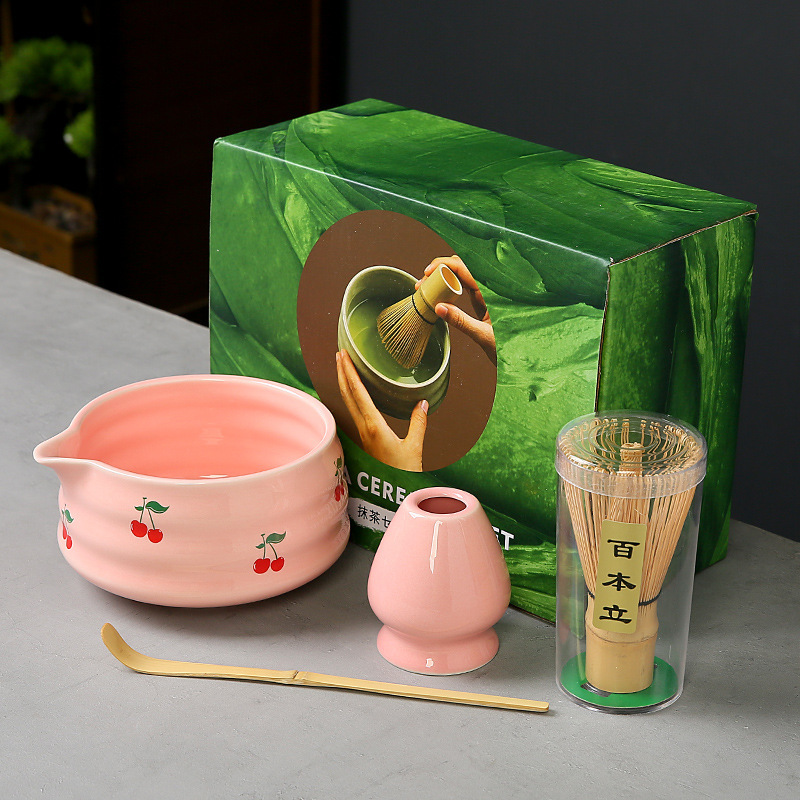 跨境抹茶碗套装樱桃蝴蝶结心形图案花纸陶瓷百本立茶筅点茶系列|undefined