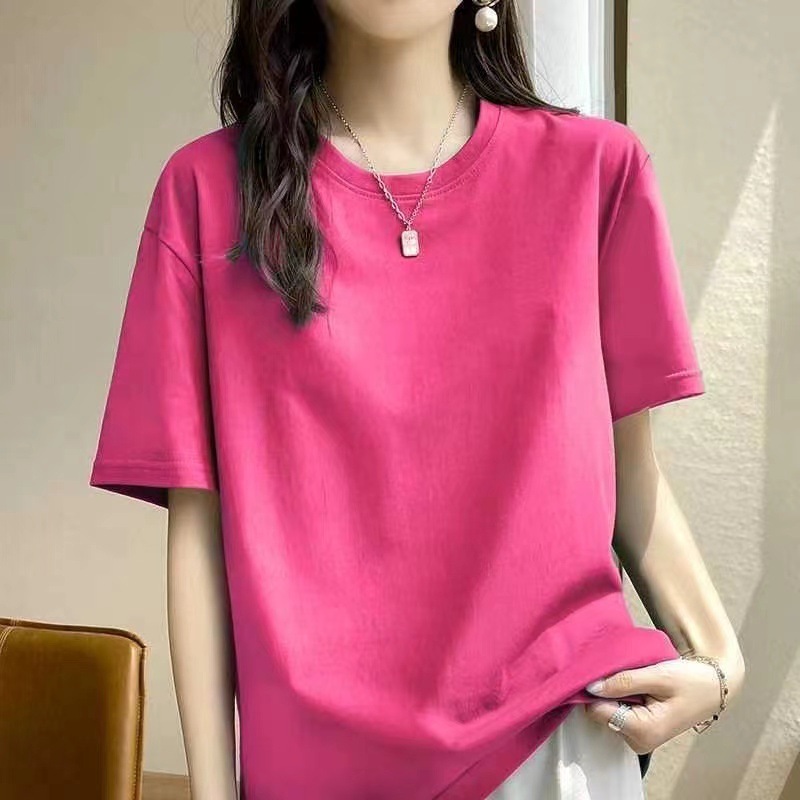 ヨーロッパ純綿 Tシャツレディース夏新疆長繊維綿半袖レディース Tシャツルーズカップルシャツ右肩ルーズラウンドネックホワイト Tシャツ|undefined