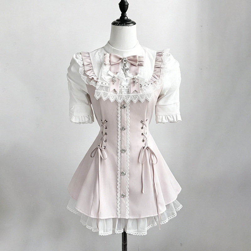 Lolita Sweet Lace Bow Waist-Cinching Dress New Japanese Style Stand Collar Short Sleeve Tie-Up Puff Sleeve Mini Dress