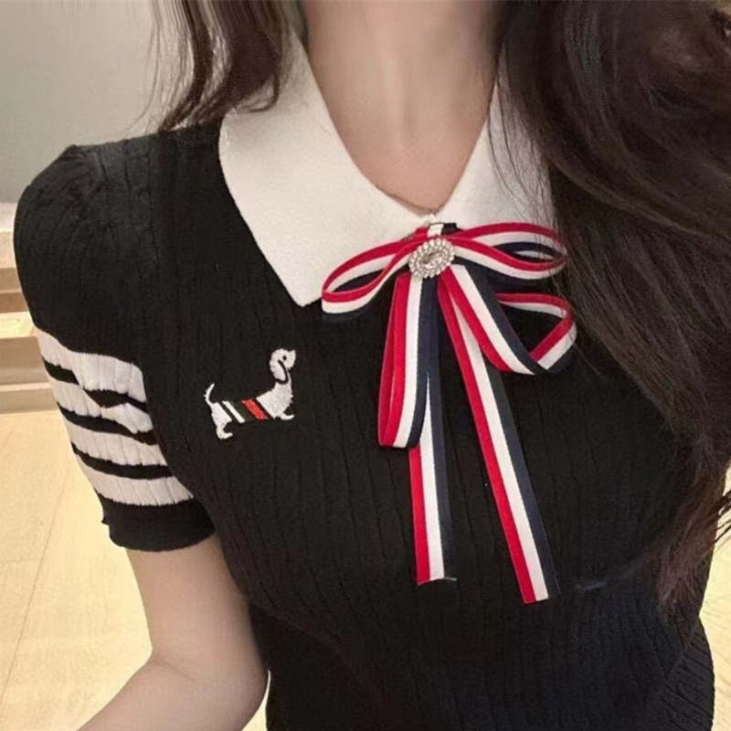 Academy Style Bow Tie Collar Knit Sweater for Women, Short Sleeve Slim Fit Top, 2026 Summer Thin Style, Age-Reducing T-Shirt Academy Style Bow Tie Collar Knit Sweater for Women, Short Sleeve Slim Fit Top, 2026 Summer Thin Style, Age-Reducing T-Shirt