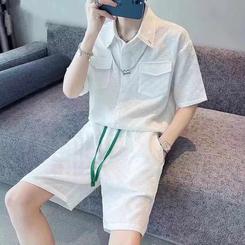 Traje deportivo casual para hombre verano 2023 camisa de manga corta de cinco puntos con pantalones cortos de cinco puntos conjunto de moda ruoshuai