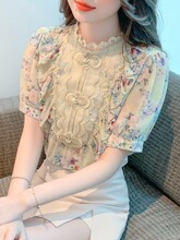 韩国chic夏季复古时尚刺绣碎花雪纺衫女设计感短袖宽松高级感上衣