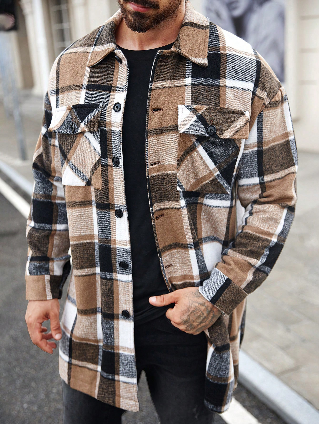 Europa y los Estados Unidos transfronterizos Amazon nuevo chaqueta de hombre camisa deportiva casual larga botón de doble bolsillo abrigo para hombre