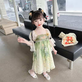 萌小铁小女孩夏季新款中国风唐装古风汉服向日葵花裙连衣裙表演服