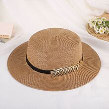 新款夏季时尚男女金叶子草帽平顶大檐帽简约遮阳防晒帽沙滩渔夫帽