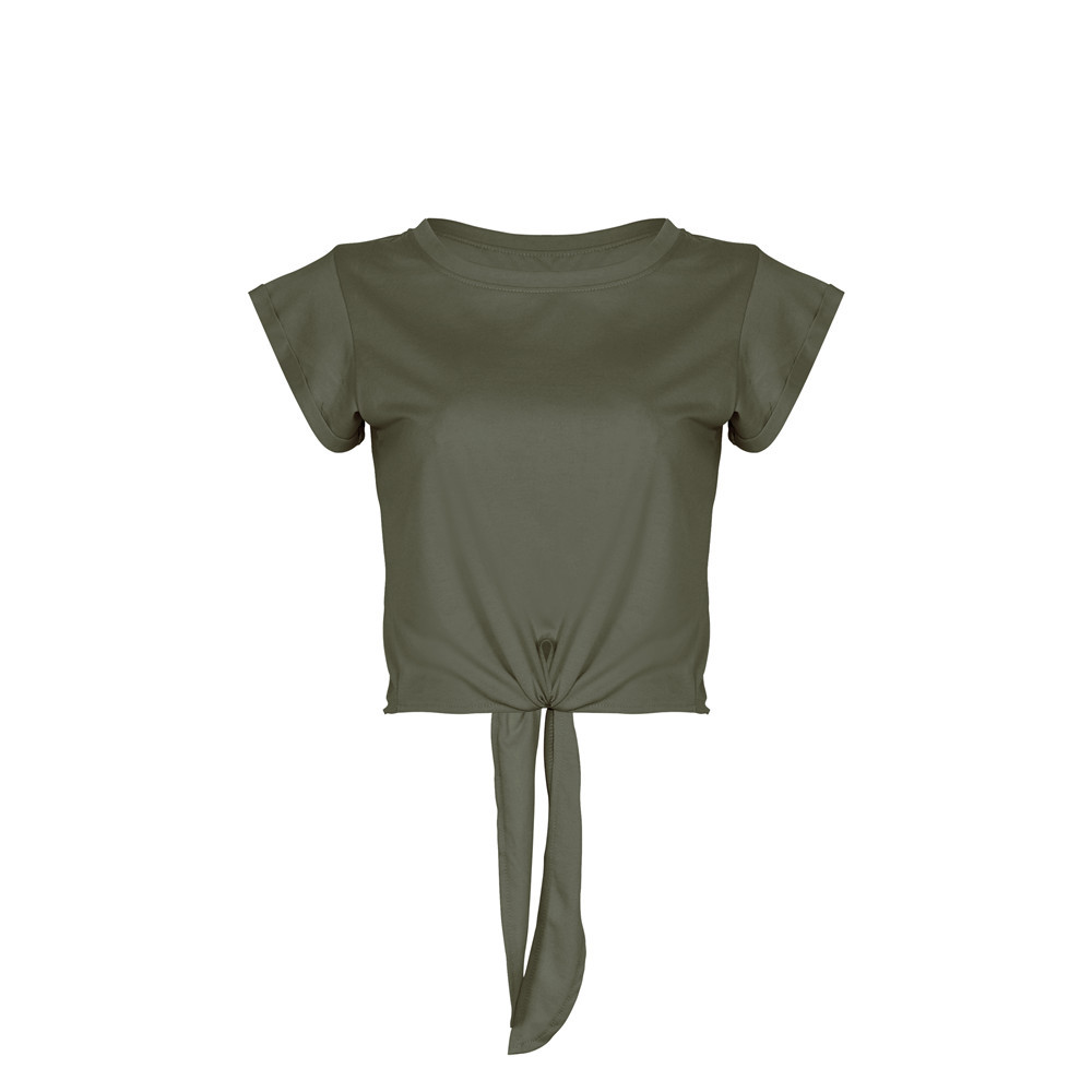 2023 Wiosna/lato Krótki krój Otwarty pępek Okrągły dekolt Zasznurowany T-shirt z krótkim rękawem Jednolity kolor Top_voghion.com