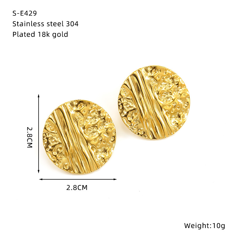 Hammered Gold Plated Stud Earrings For Women Elegant Round Style_voghion.com
