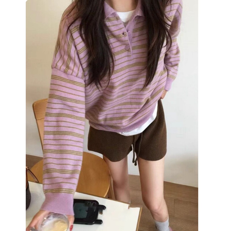 Unum Korea 2025 Autumn and Winter Miu Style Retro Stripesd Long-Sleeved Polo Collar Knitwear Women's Korean Knitwear