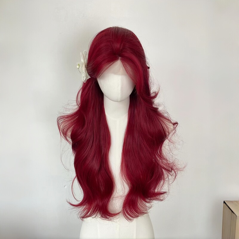 Wig for Women, Sea King Style, Red, Middle Part, Long Curly Hair, Full Head Cover, Natural Whitening, Realistic Hair, Fluffy, Big Waves, Full Head