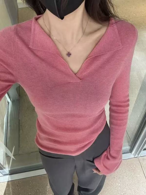纯色V领正肩针织衫女内搭秋冬长袖毛衣打底衫设计感小衫绝美上衣|undefined