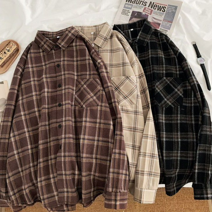 Women's plaid long-sleeve shirt, vintage Hong Kong style, loose plus size women's clothing 100kg Korean version spring outerwear student top Women's plaid long-sleeve shirt, vintage Hong Kong style, loose plus size women's clothing 100kg Korean version spring outerwear student top