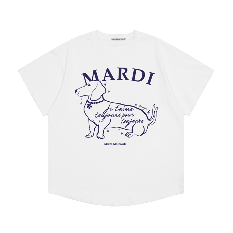 韓国マルディ Tシャツダックスフントレタープリントルーズカジュアルラウンドネック半袖 Tシャツトップ女性用