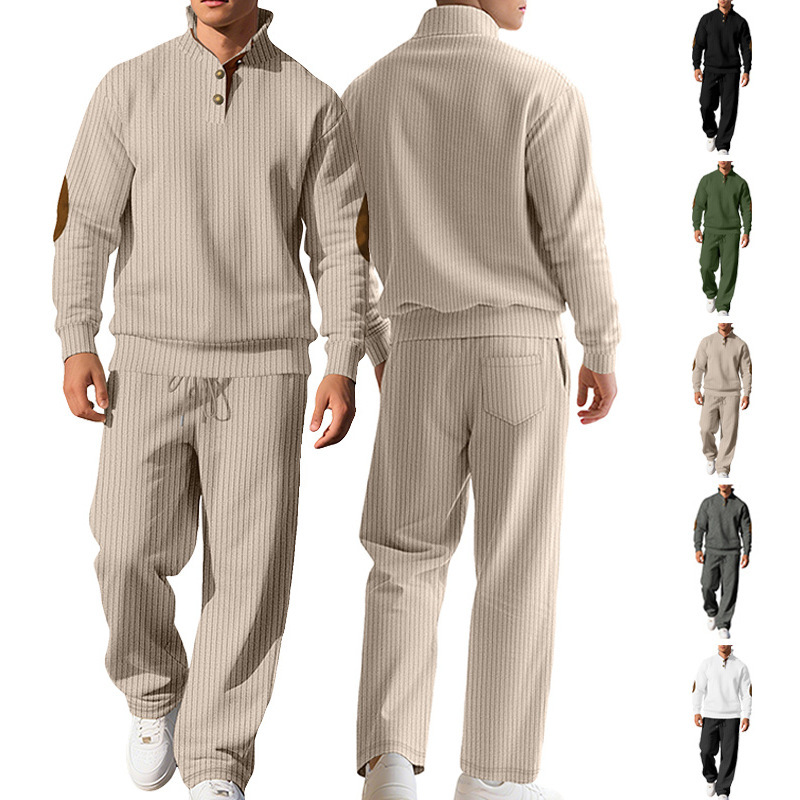 Amazon Cross-Border New European and American Men's Casual Trousers with Stand Collar, Versatile Jacquard Ribbed Knitwear Autumn Suit for Men