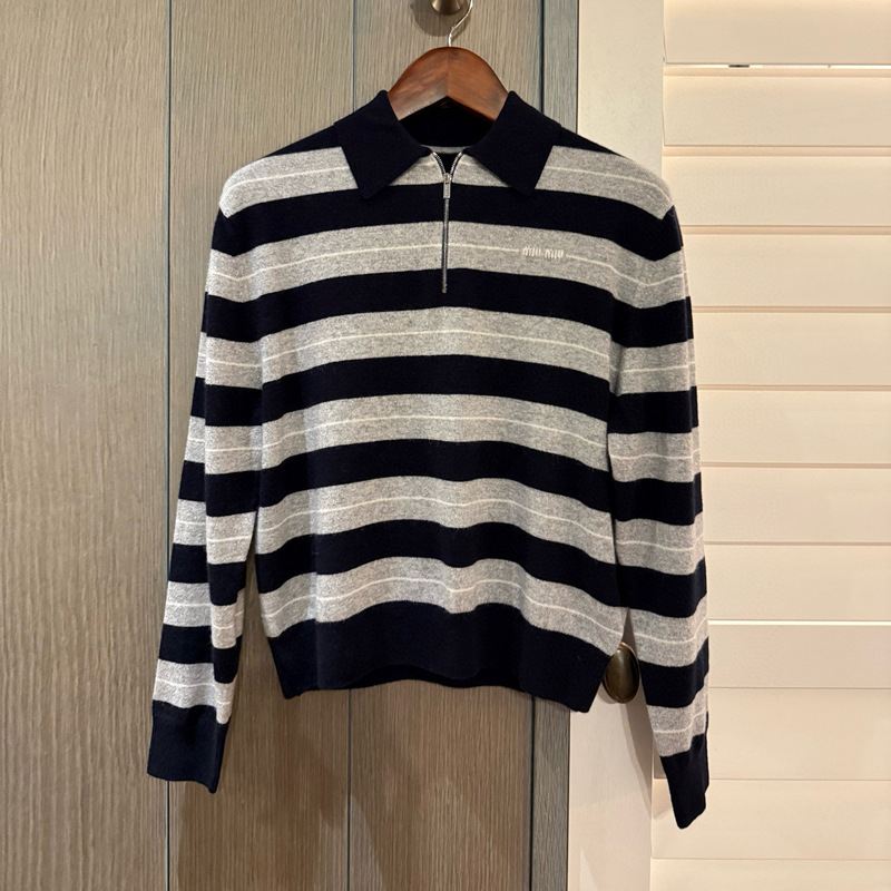 Nanyou 26 Autumn/Winter Blue and Gray Striped Polo Collar Half-Zip Long Sleeve Custom-Dyed Yarn Knit Sweater 2026 Spring Collection