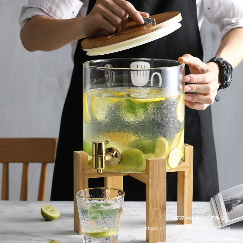 Hervidor de agua fría botella de vino de vidrio barril de bebida barril de cerveza con grifo frutas barril de té barril de jugo recipiente barril