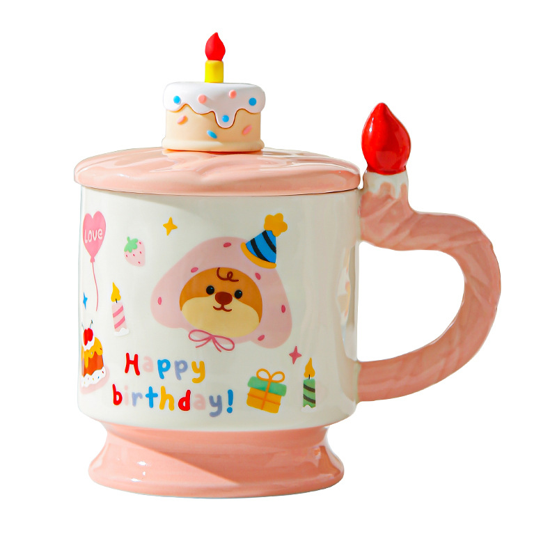 Bonita tarta de cumpleaños de dibujos animados taza de alto valor creativo regalo de cumpleaños de mano casero con taza de agua cubierta