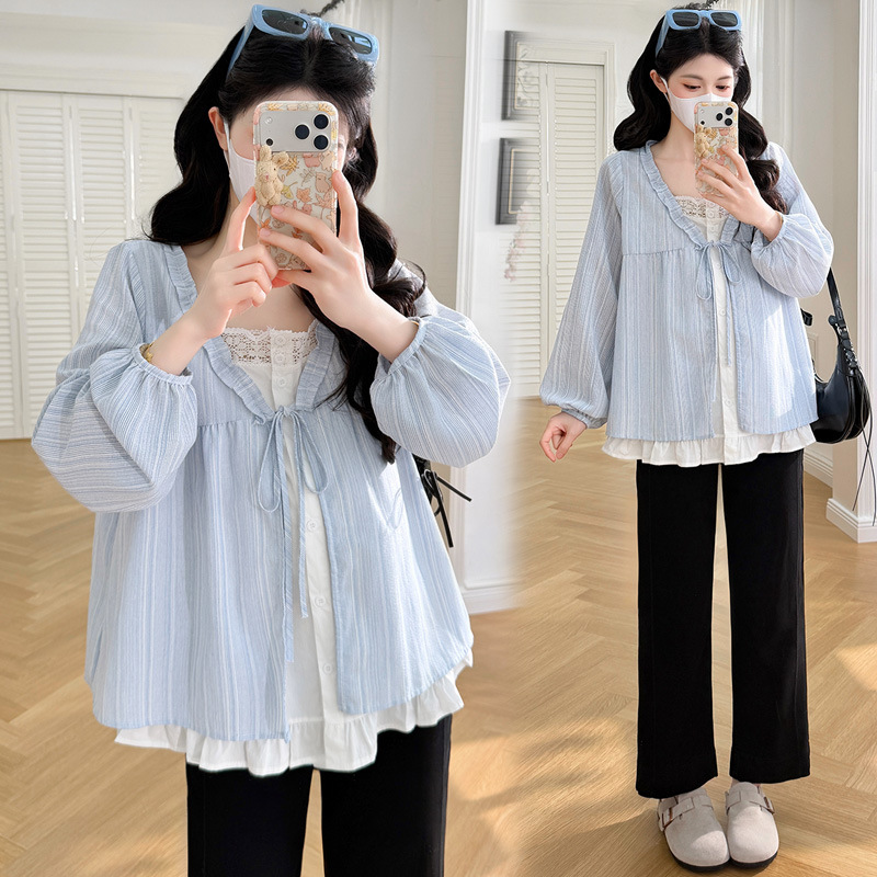 Maternity Wear 2026 Autumn New Korean Style Fashionable Faux Two-Piece Design Ruffled Maternity Shirt Maternity Wear 2026 Autumn New Korean Style Fashionable Faux Two-Piece Design Ruffled Maternity Shirt