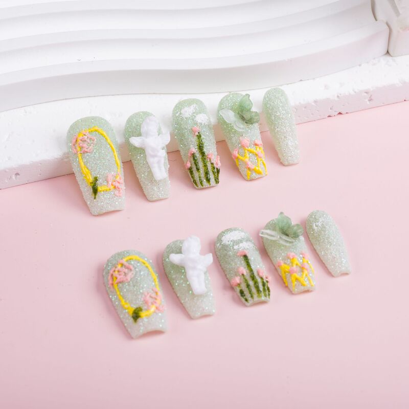 Oil Painting Style Green Angel Rose Fresh Hand-Painted Removable Nail Art Pieces with a Translucent Ice-Like Finish, Long Style