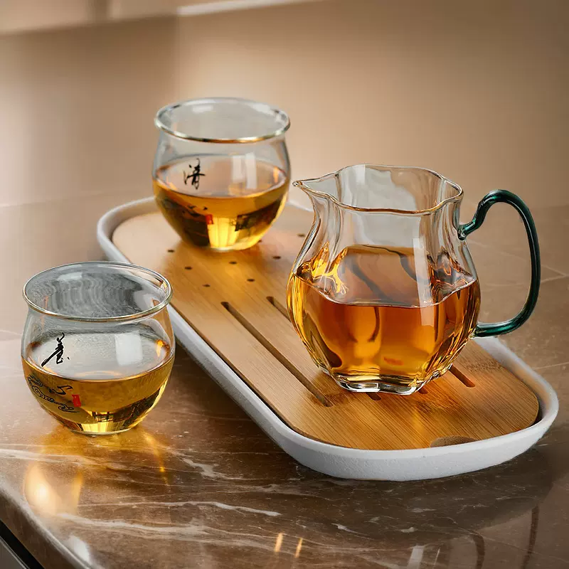梅花公道杯侧把瓜棱分茶器防烫带把玻璃公杯加厚彩把茶杯功夫茶