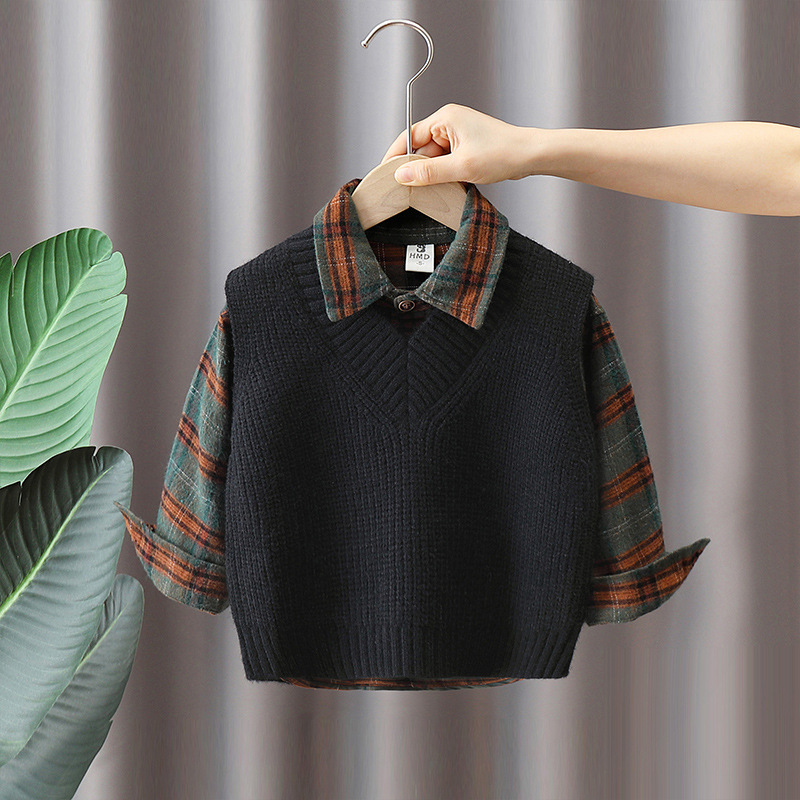 6102 traje de chaleco de punto para niños 2024 nuevo estilo para niños camisa a cuadros coreana bebé primavera y otoño traje de dos piezas