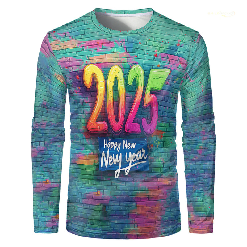 Men's 2025 Happy New Year 3d Printed Atmosphere Crewneck Sweatshirt Winter Top Casual Mesh Long Sleeve T-shirt