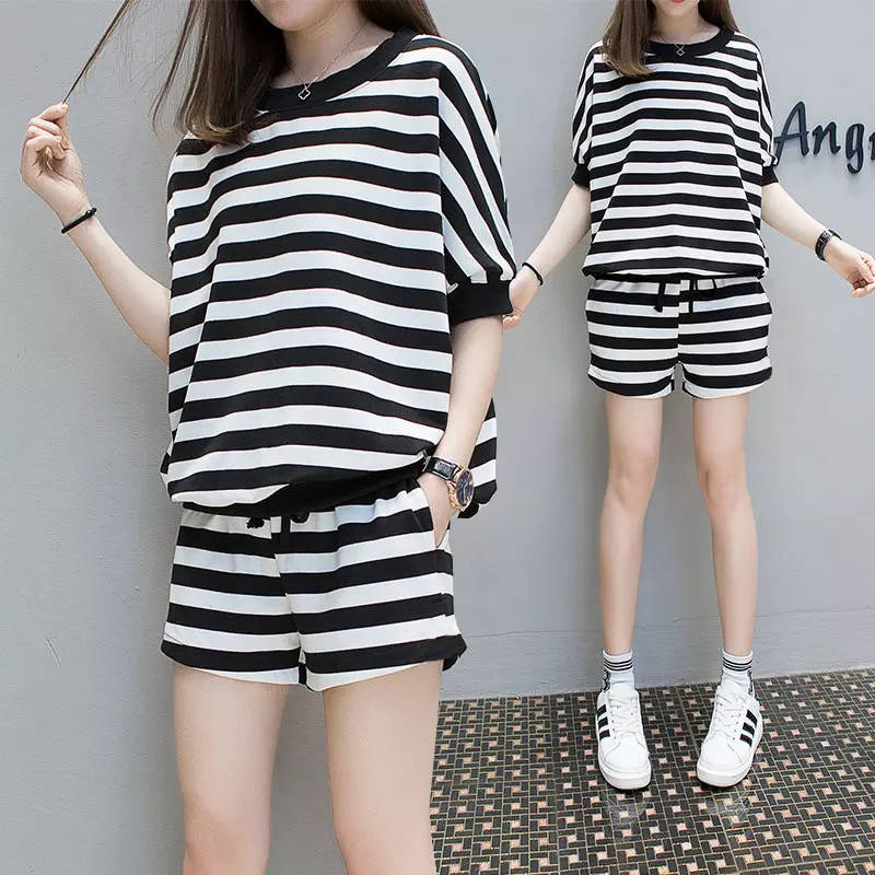 summer Women's wear fashion Korean Edition stripe Short sleeved Easy Large leisure time Athletic Wear shorts suit Two piece set