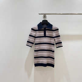 【现货】2025春夏新款合股丝绵翻领短袖简约条纹撞色针织衫上衣