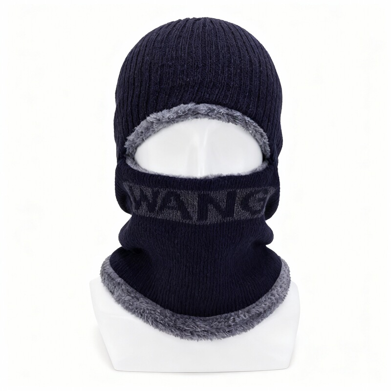WANG字母骑车一体帽冬季加绒防寒护耳护脸围脖毛线帽连体针织帽子|undefined