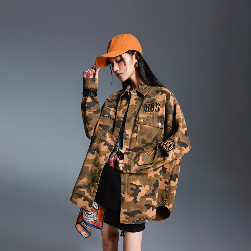 Tuogu American-style fashionable camouflage shirt denim jacket for women, autumn wear, badge workwear casual jacket, turn-down collar top for women Tuogu American-style fashionable camouflage shirt denim jacket for women, autumn wear, badge workwear casual jacket, turn-down collar top for women