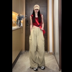【夏春茶】新品美式复古美拉德同款速干工装休闲直筒束脚长裤女