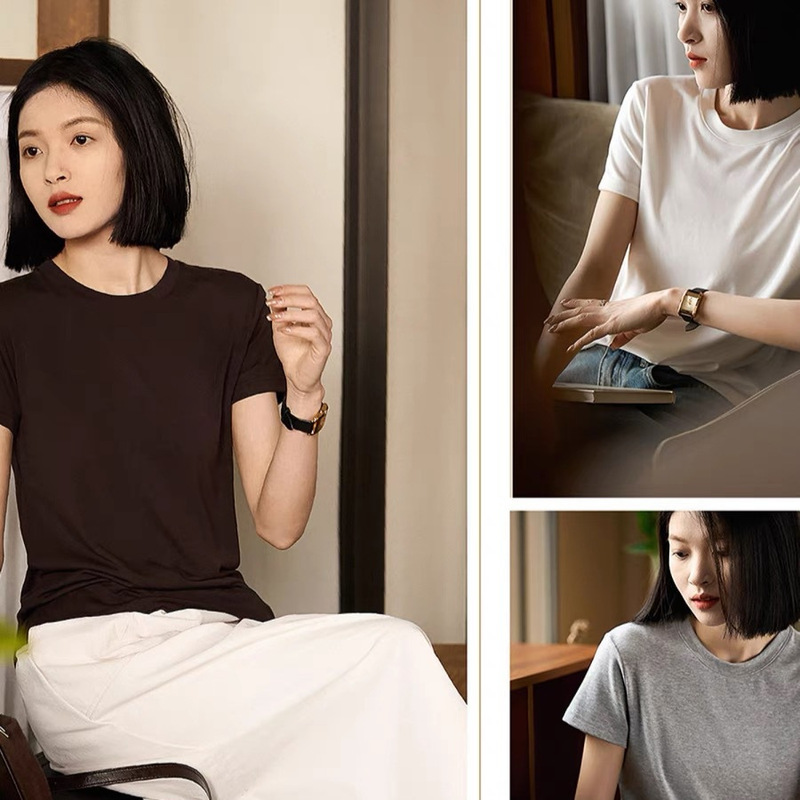 Summer Women's Round-Neck Lyocell Solid Color T-Shirt, Simple and Versatile Casual Solid Color Base Short-Sleeve Top Summer Women's Round-Neck Lyocell Solid Color T-Shirt, Simple and Versatile Casual Solid Color Base Short-Sleeve Top