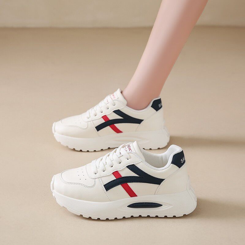 Giày sneaker nữ đế dày kiểu giày trắng cổ thấp, gót vừa 3–5 cm, dây buộc phía trước — Màu kaki be, Màu xanh be, Màu xám be