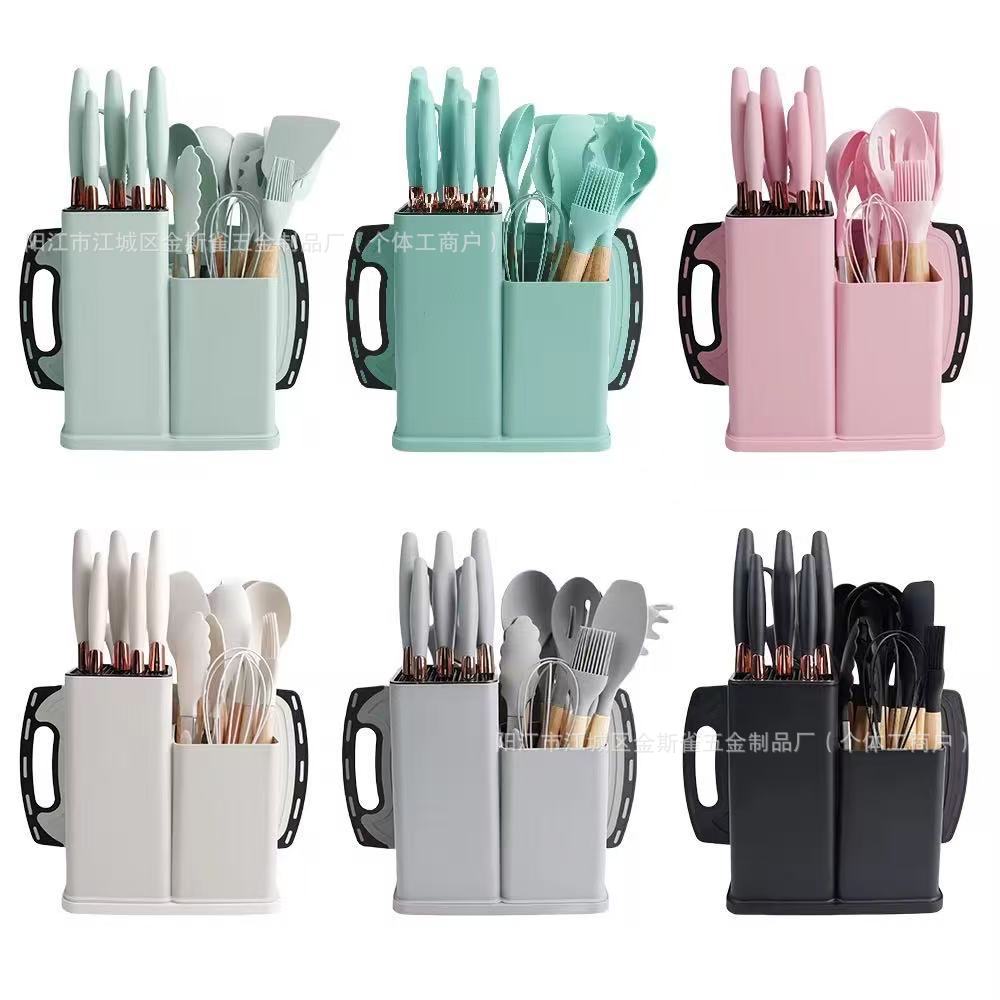 19 piezas de fábrica de cocina de silicona cocina antiadherente resistente a altas temperaturas con cuchillos de silicona con barril de almacenamiento