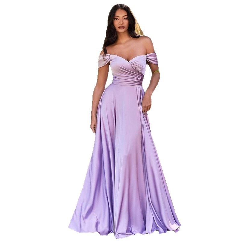 Off-shoulder satin bridesmaid dress, long pleated A-line corset formal ball gown with slit