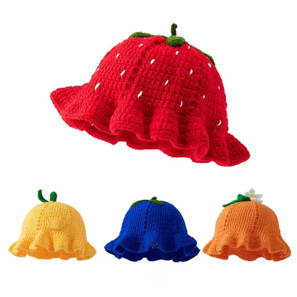 Cartoon Cute Strawberry Fruit-Shaped Handmade Crochet Hat, Versatile Fashionable Knitted Fisherman Hat Wholesale