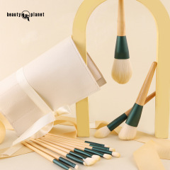 Set of 12 Green Tea Makeup Brushes for International Trade, High-Quality Wooden Soft Hair Makeup Brushes, Beauty Makeup Tools