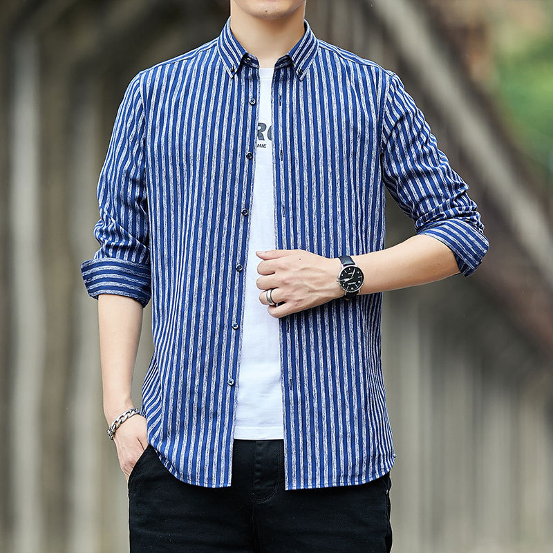2026 Spring New Men's Long Sleeve Shirt Men's Striped Shirt Korean Style Slim Fit Youth Business Casual Men's Clothing