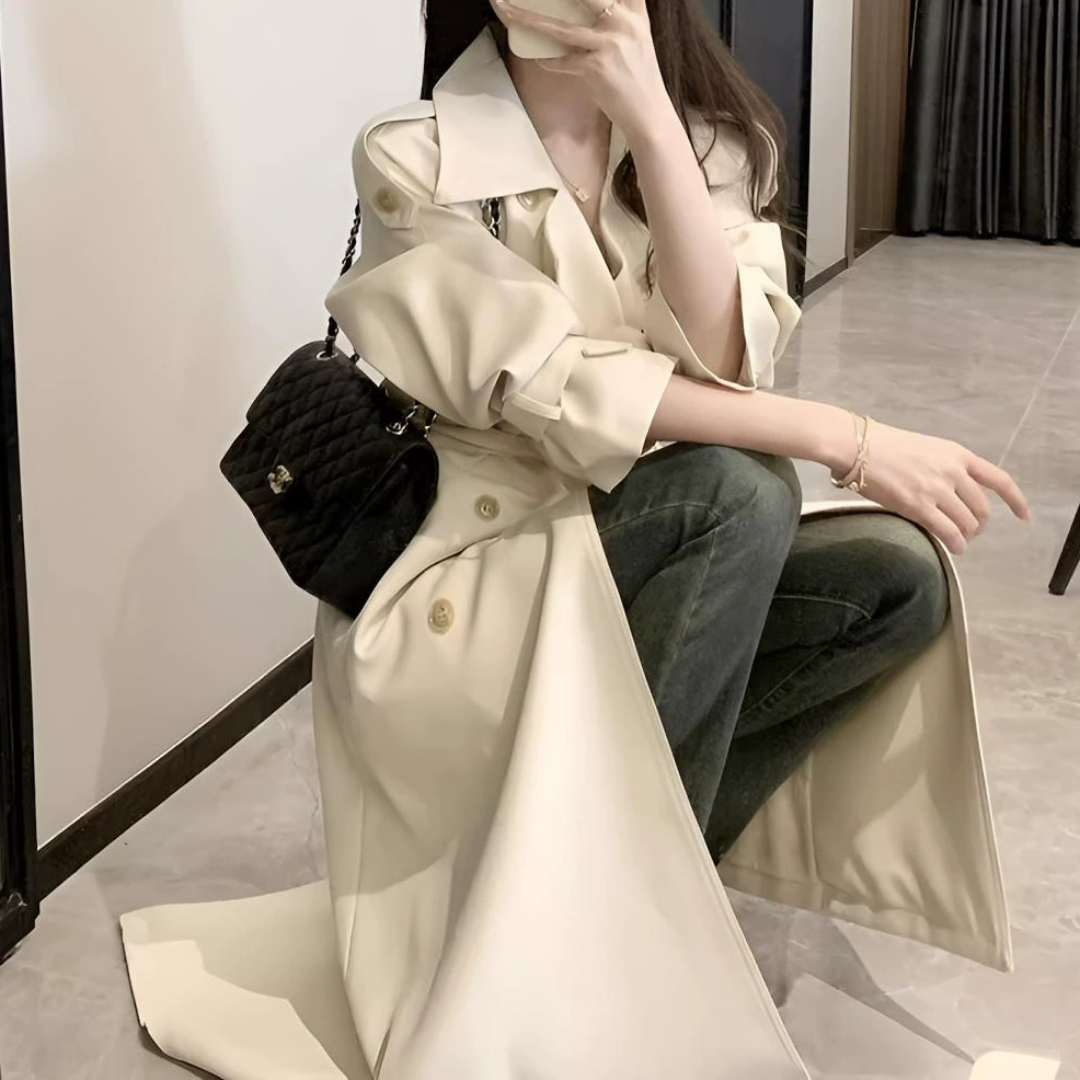 Белое trenchcoat пальто осени куртка длинный жилет облегающий для подростков до середины икры