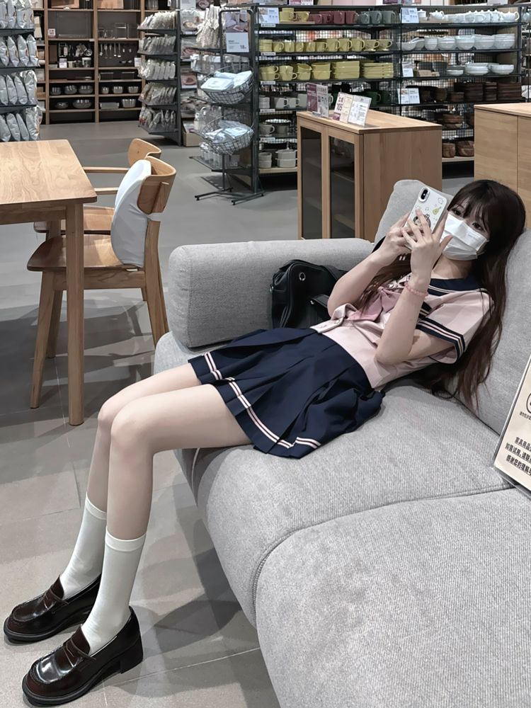 [사쿠라가와 고] 일본 선원 세트 여름 허리 JK 교복 반팔 학교 주름 상자 치마 여성