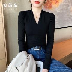 黑色V领打底衫女内搭早秋季高级感长袖正肩T恤设计感小众洋气上衣