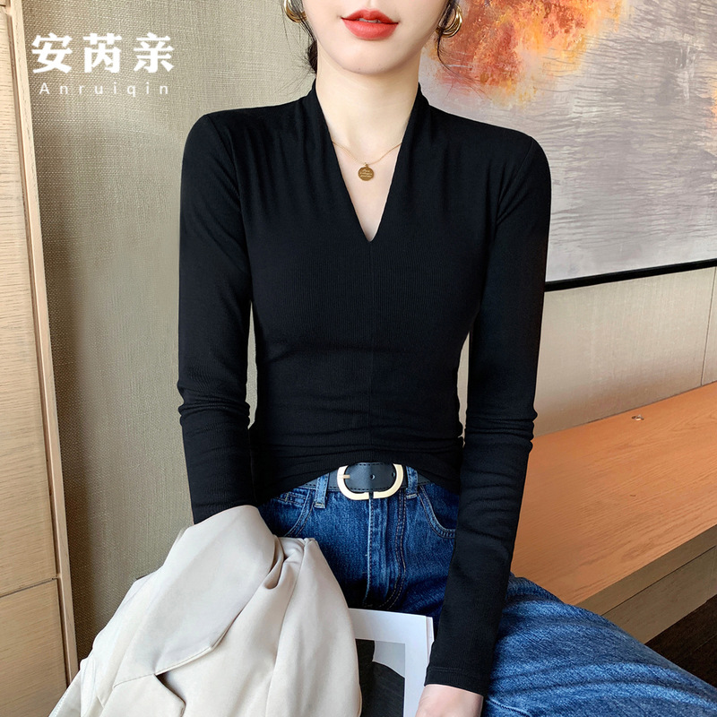 黑色V领打底衫女内搭早秋季高级感长袖正肩T恤设计感小众洋气上衣|undefined