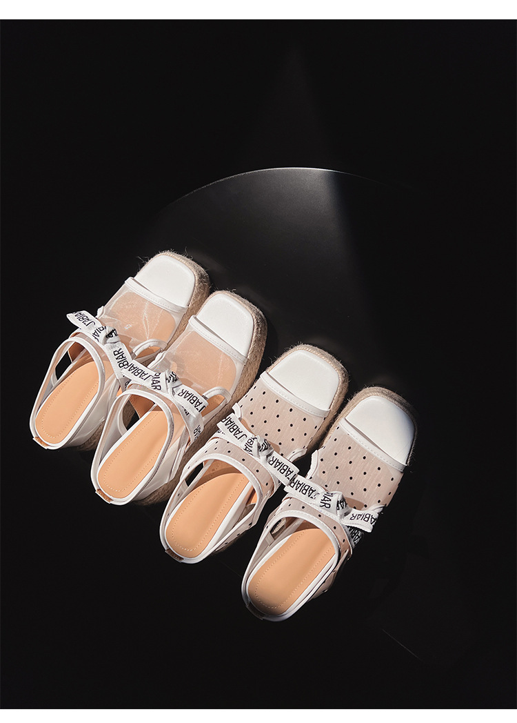 Sandal hở mũi nữ đế xuồng lưới chấm bi gót độn cao 2025 — Chấm bi trắng, Màu trắng chi tiết 19