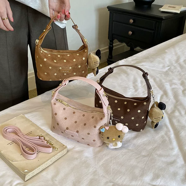 Korean-style Maillard color series girls' handbag, stylish polka dot baby crossbody bag with cute cat pendant, children's bag