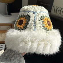 民族风兔毛针织帽女秋冬季手工钩针毛线帽显脸小田园风毛绒渔夫帽