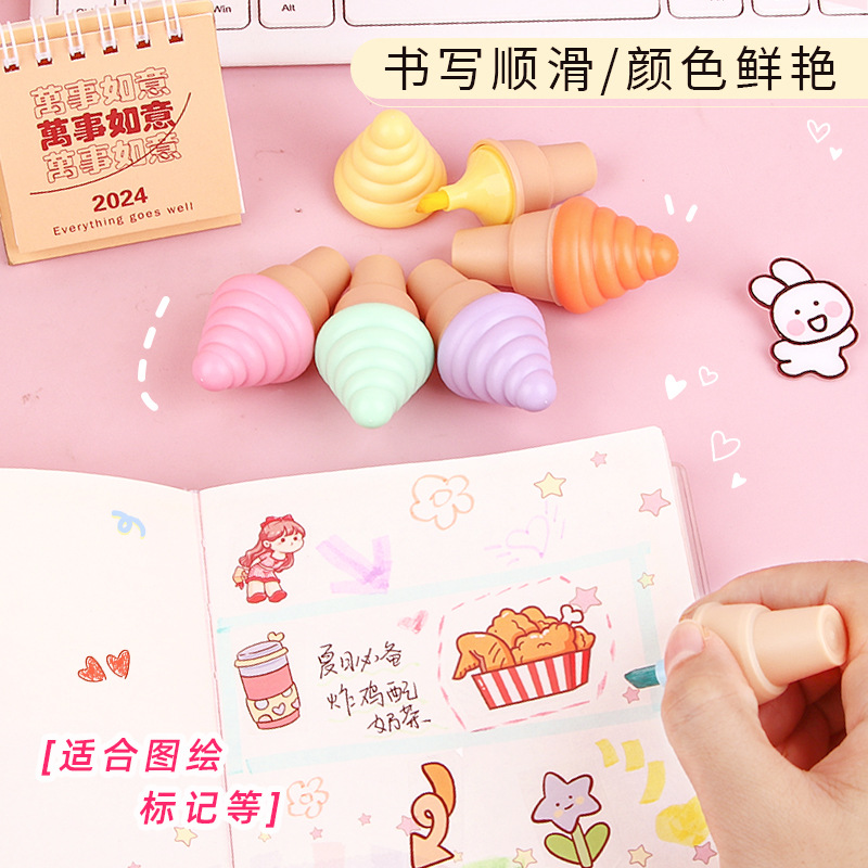 Cono creativo cono de helado resaltador estudiante de la Escuela Primaria 6-color marca graffiti mini diario bolso de la pluma al por mayor